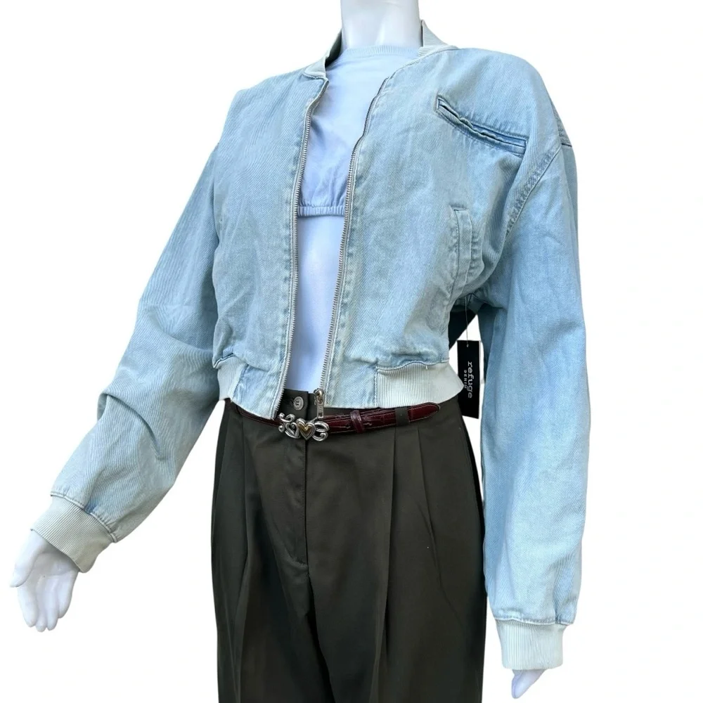 New Refuge Denim Pilot Bomber Sun Faded Boyfriend Jacket Grunge Casual Y2K NWT‎